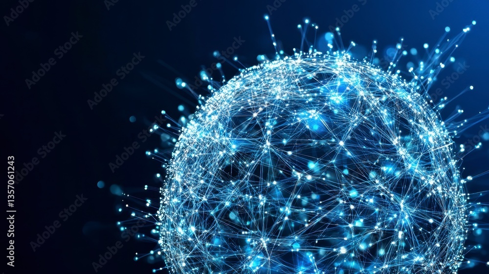 Poster abstract digital art depicting a glowing blue sphere composed of interconnected points and lines aga