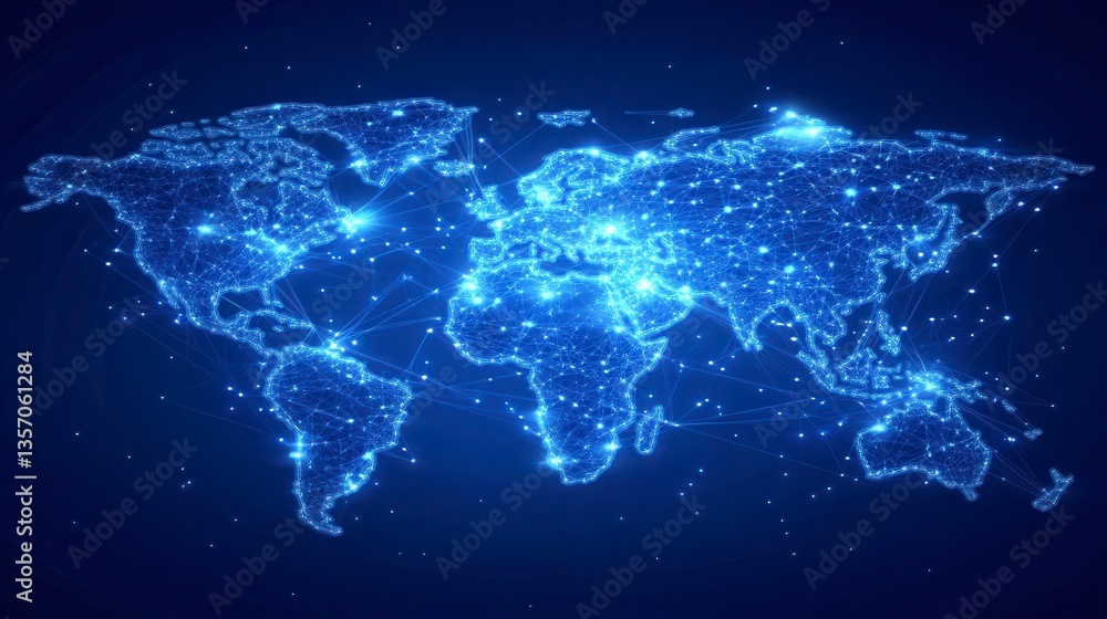 Poster glowing blue network lines forming a world map on a dark background. abstract digital illustration o