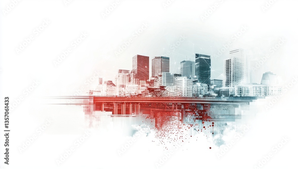 Poster a cityscape background serves as the setting for an illustration of urban development that includes 