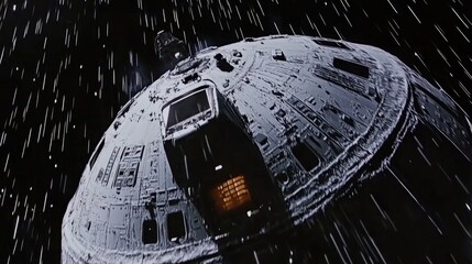 Spacecraft in Cosmic Rain: A Cinematic Still