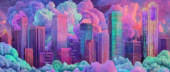 A futuristic cityscape at dusk, characterized by its vibrant purple and blue sky