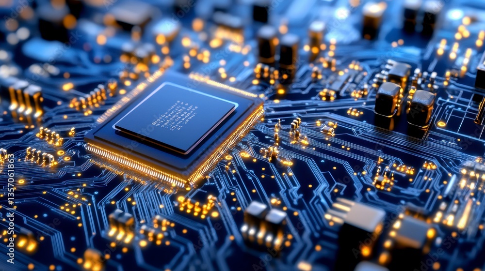 Poster close up view of a central processing unit (cpu) chip on a circuit board, glowing with warm light ag