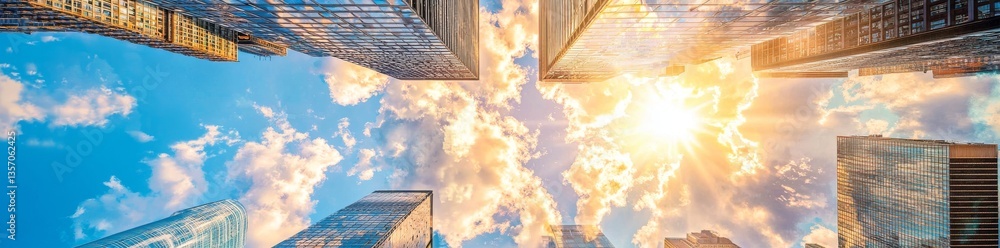 Poster beautiful skyscrapers are showcased in a panoramic view against the sky with clouds, created using 3