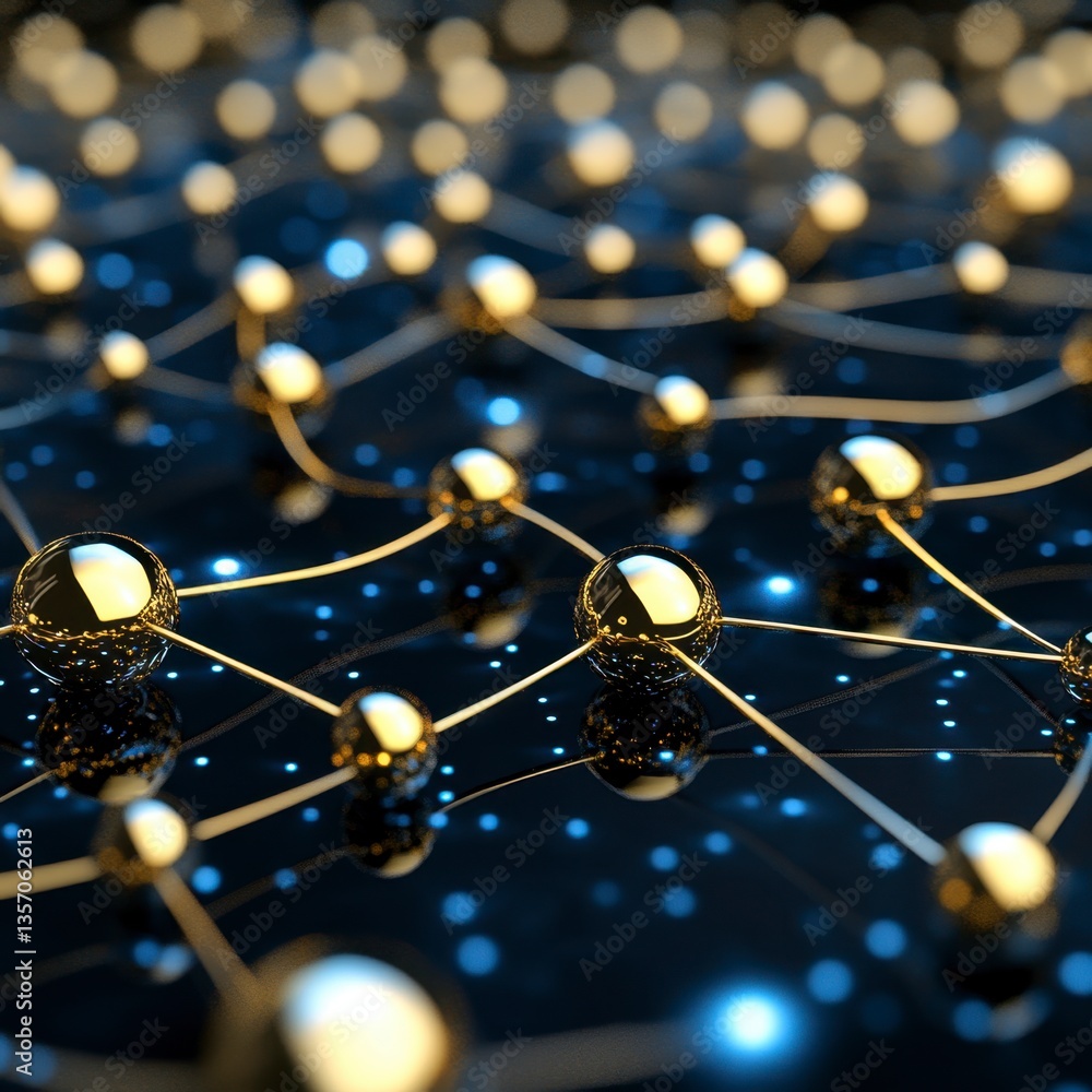 Poster abstract network visualization with glowing golden spheres interconnected by lines on a dark blue re
