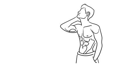 Sport man narcissist, admires himself on white background. Line art drawing. Sport guy model. Vector illustration