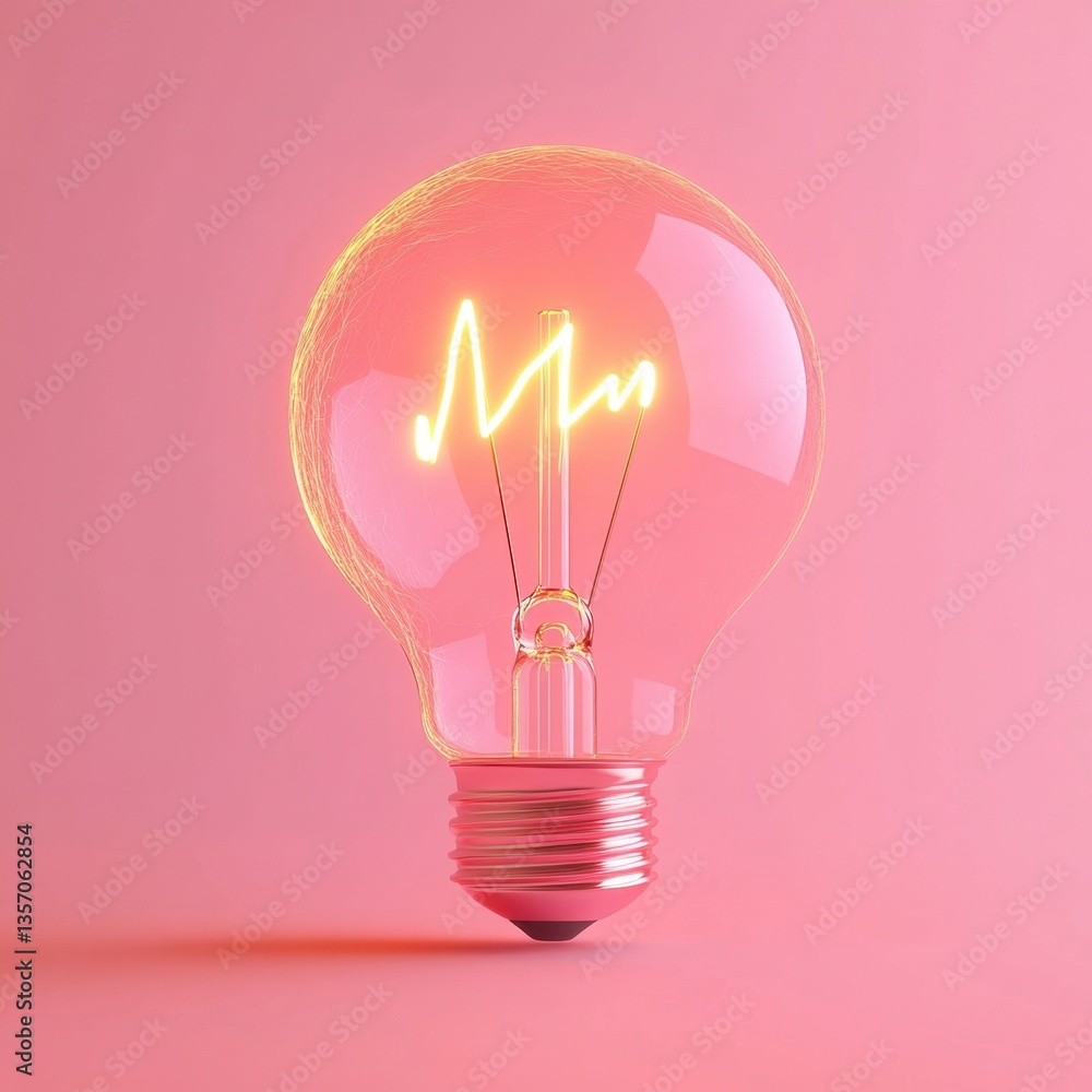 Poster glowing lightbulb with a stylized 'm' shaped filament against a soft pink background. the image is c