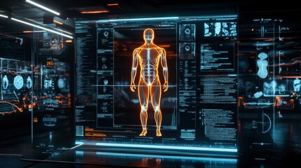 Futuristic medical interface displays a glowing human anatomical model within a dark, high tech environment. Orange and blue light illuminate the detailed scan.