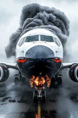 A dramatic scene of an airplane engulfed in smoke on the runway