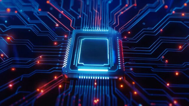 A vibrant and futuristic artistic depiction of a microchip that is surrounded by glowing, interconnected circuit paths