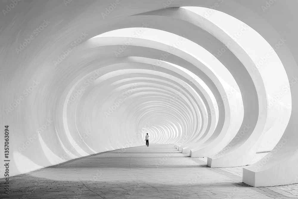 Poster a modern white concrete ceiling with a semicircular arch is visible in perspective, illuminated by l