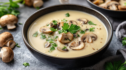 Mushroom soup with herbs in black bowl