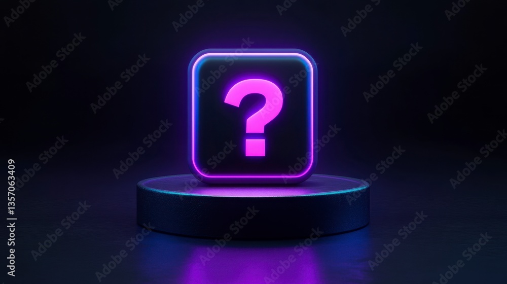 Poster glowing neon pink question mark in a dark square digital icon on a dark circular platform with refle