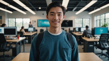Fototapeta premium Happy Japanese Young Man in a Contemporary Learning Hub, Suitable for Content Related to Modern Education Trends, Student Success, and Progressive Teaching Methods