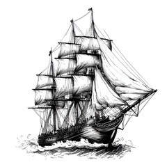 Majestic Sailing Ship Black and White Ocean Voyage, isolated on transparent background