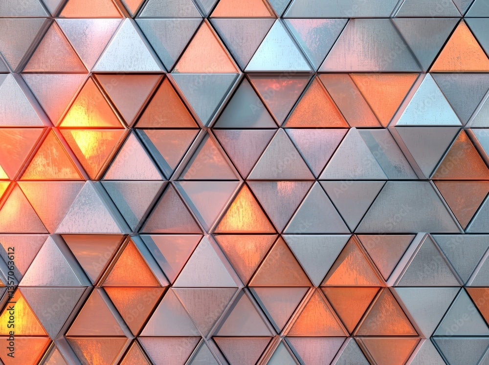 Poster modern cladding composed of steel, characterized by angular geometric lines, multiple colour tones, 