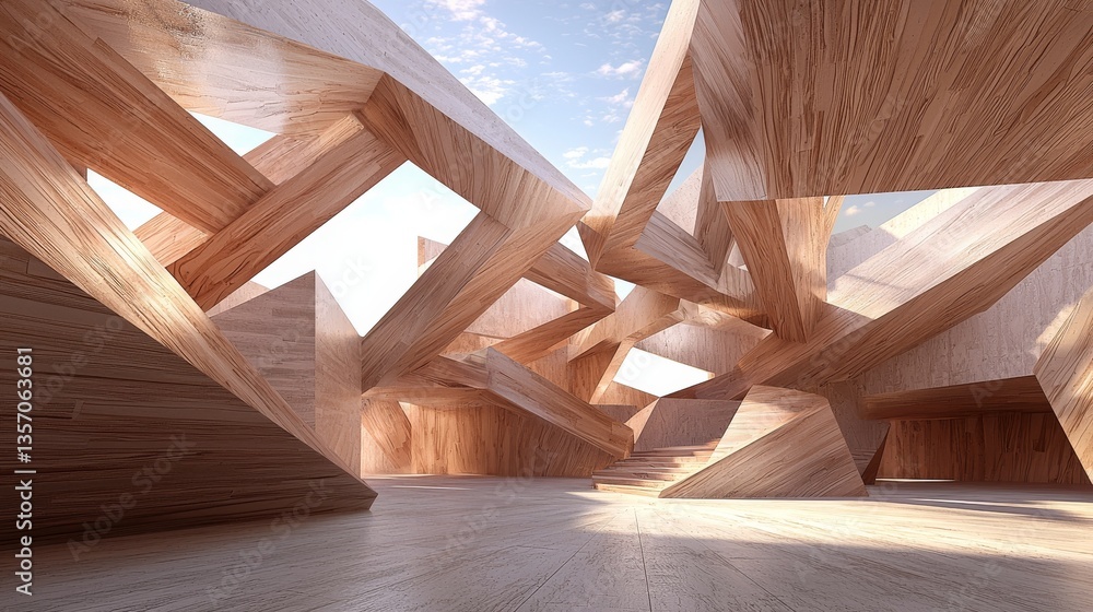 Poster this 3d illustration and rendering depicts a public space with multiple levels, combining abstract c
