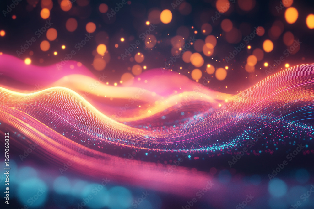 Poster abstract landscape with pink and orange waves and bokeh lights in the background abstract design