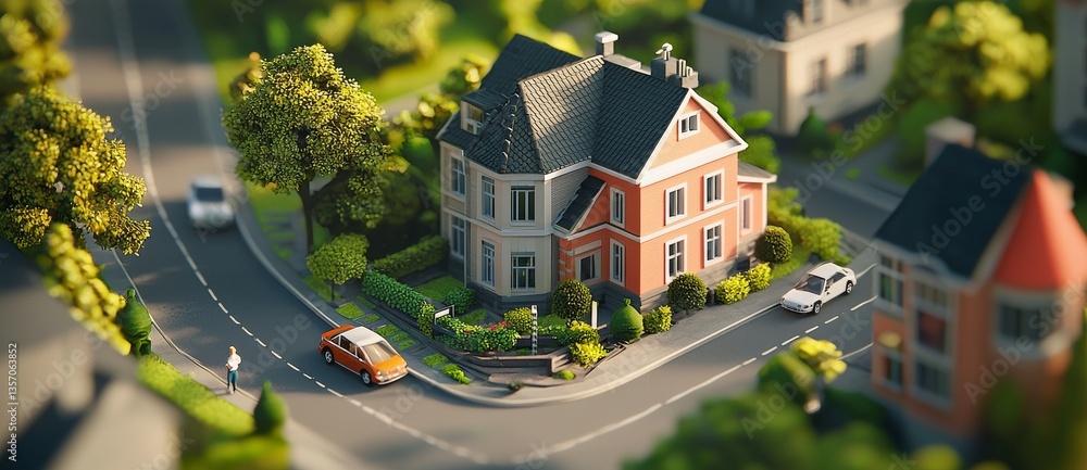 Poster an overhead view of a tiny metropolis featuring buildings and greenery