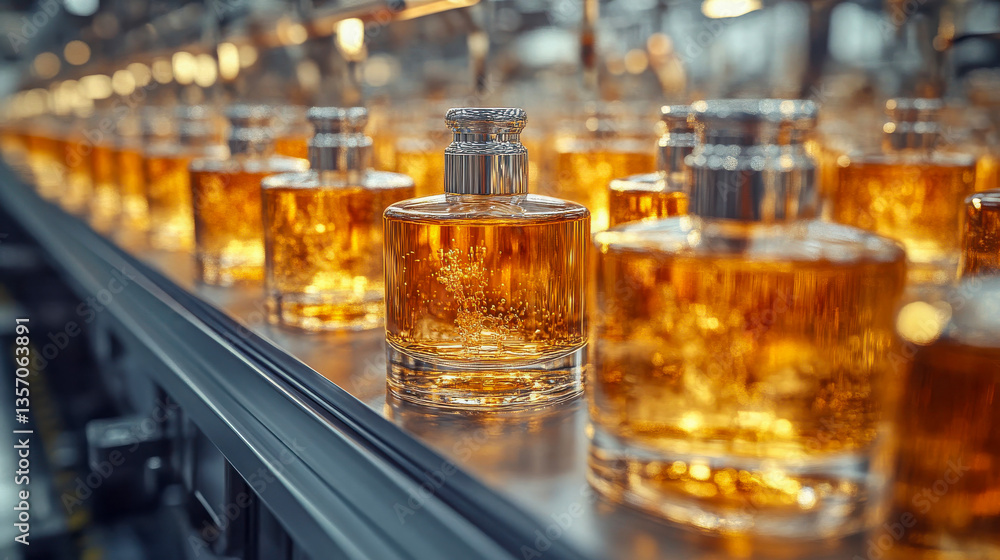 Poster close-up of elegant perfume bottles arranged in a row on a modern factory conveyor line, showcasing 