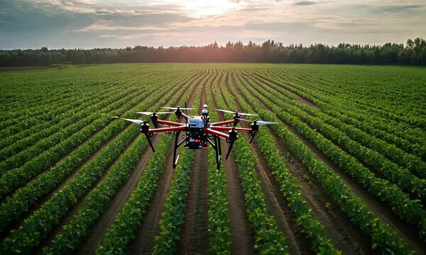 Agricultural drone flying over green farm field at sunset, smart farming technology for crop monitoring, industrial hexacopter spraying crops
