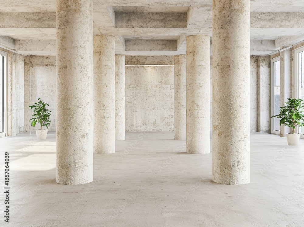 Poster a concrete architectural design with a rhythmic sequence of columns presented on a plain white backg