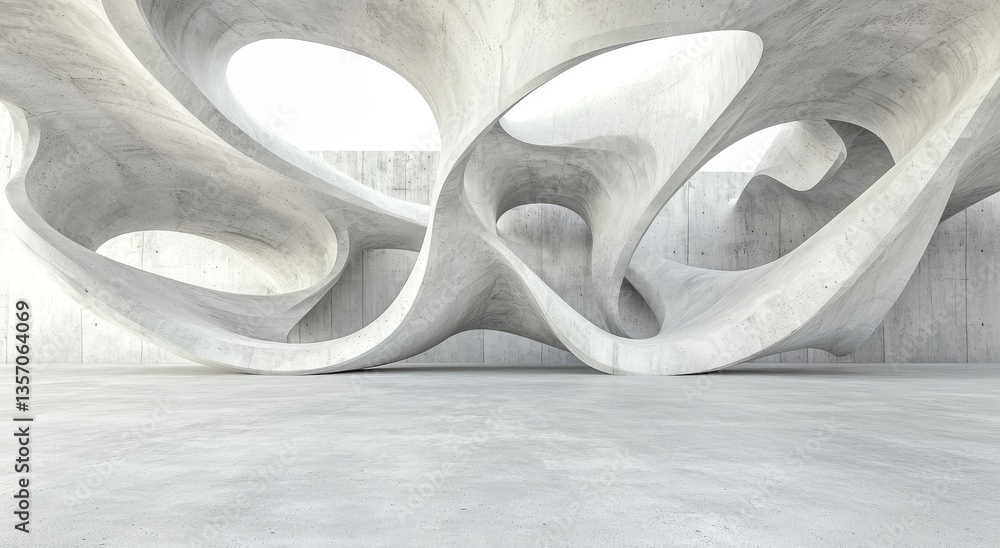 Poster the architectural space is rendered in 3d, showcasing a rhythmic pattern of circular concrete blocks