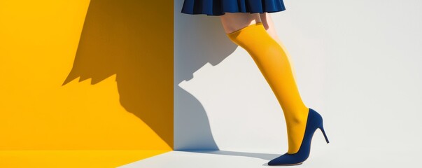 Minimalist and bold editorial featuring matte navy blue heels, mustard yellow stockings, and a clean white backdrop.