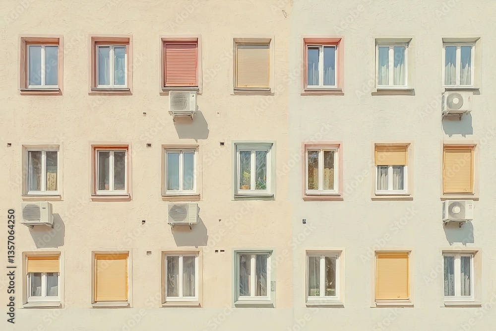 Poster the facade of this building is made of concrete and has an asymmetrical layout with square windows o