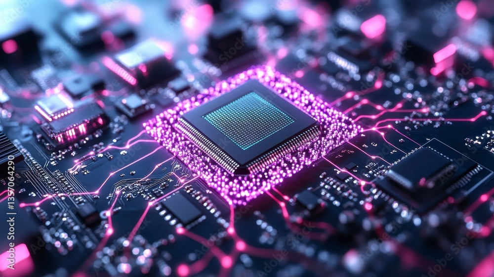 Poster close up view of a central processing unit (cpu) chip on a circuit board, glowing with pink and purp