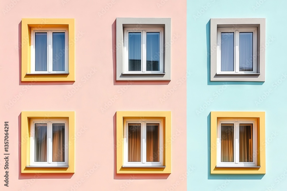 Poster a building facade constructed from concrete, characterized by its asymmetrical shape and adorned wit