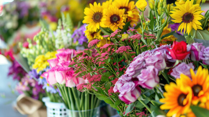 A charming flower market with beautifully arranged fresh bouquets, people browsing, and a rustic wooden stand overflowing with colorful blooms.