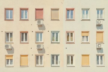 Fototapeta premium The facade of this building is made of concrete and has an asymmetrical layout with square windows of different colors