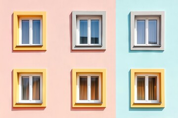Obraz premium A building facade constructed from concrete, characterized by its asymmetrical shape and adorned with square windows in a multitude of colors