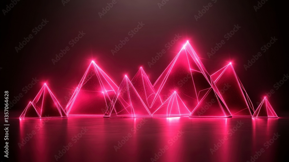 Poster abstract digital art of pink glowing pyramids reflecting on a dark surface. the pyramids are compose