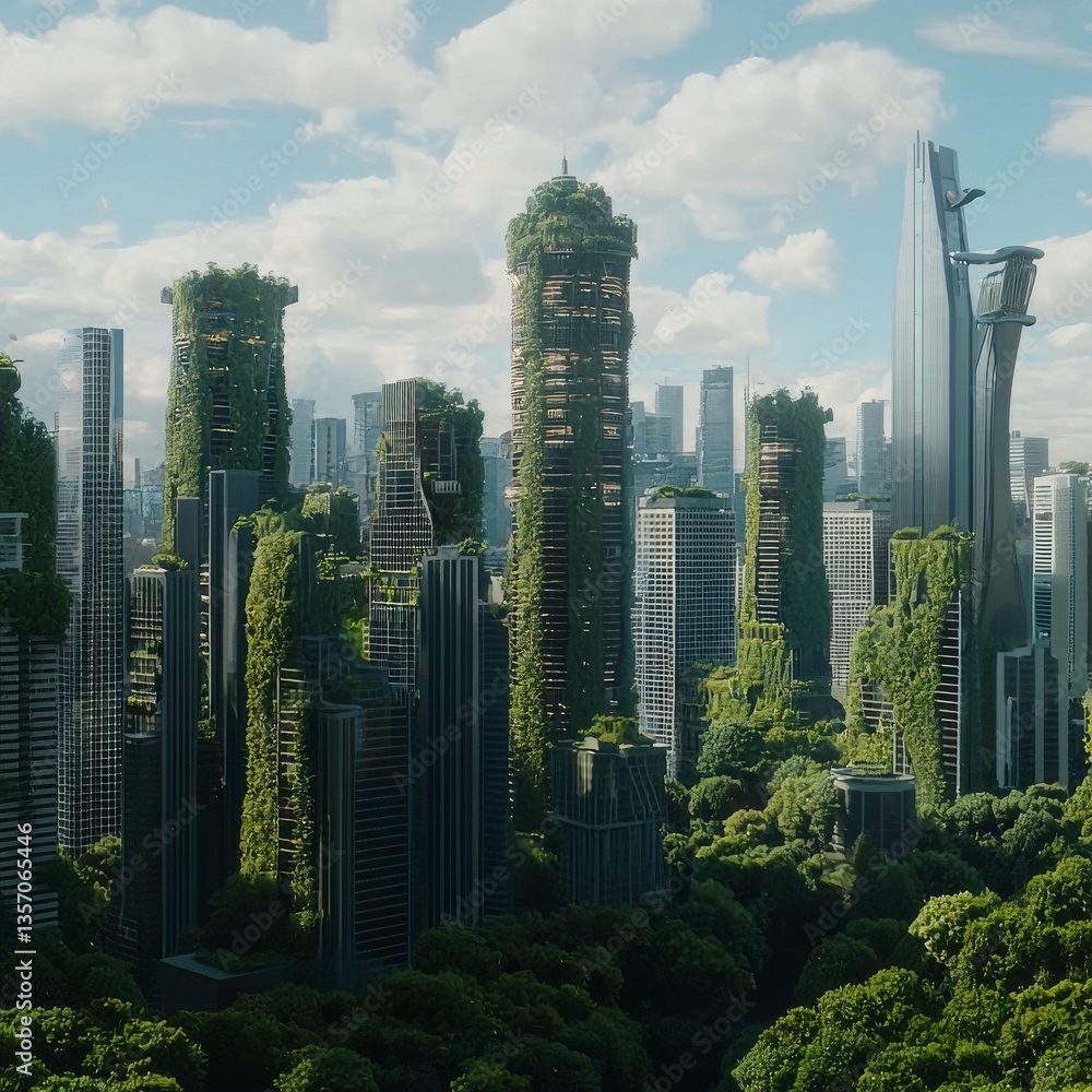 Poster futuristic metropolis characterized by tall structures and green architectural elements