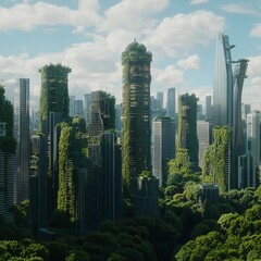 Obraz premium Futuristic metropolis characterized by tall structures and green architectural elements