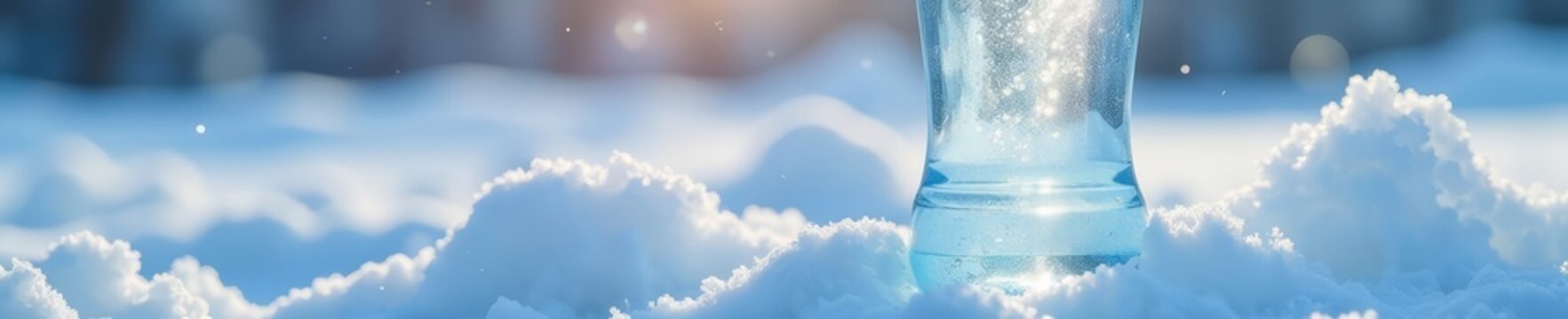 Pure water bottle in snow with ice crystals, natural hydration, water, ice crystals, elixir