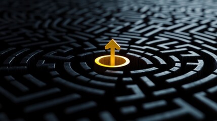 Gold arrow in the center of a dark maze. The arrow points upwards, suggesting a path to a solution. The maze is complex and intricate, representing a challenge.