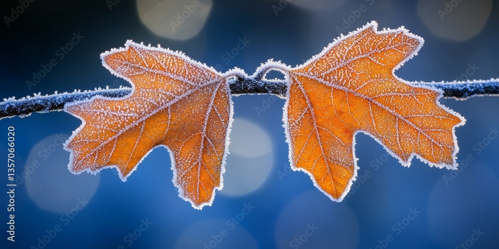 Poster frosted oak leaves in autumn a close-up view with bokeh background and winter s touch.