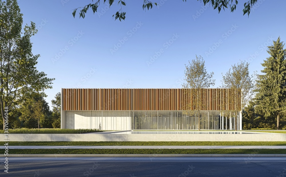 Poster a modern luxury house with a swimming pool and lawn yard is depicted against a large tree background