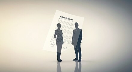 Obraz premium Two Professional Handshake Silhouettes Seamlessly Blending Into a Floating Transparent Legal Contract, Symbolizing Agreements and Trust