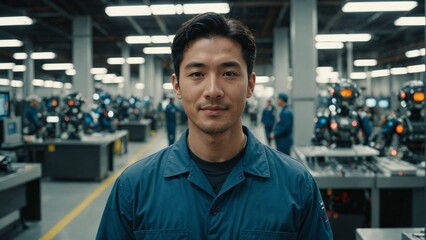 Obraz premium Happy Japanese Male Factory Worker in a Modern Automated Manufacturing Plant with Robots, Ideal for Industry 4.0, Technology in Manufacturing, and Smart Factory Concepts