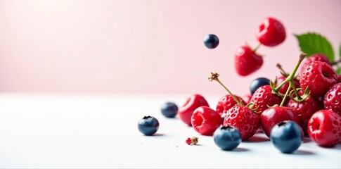 Close-up of assorted falling berries on white background, colorful, fresh, collection