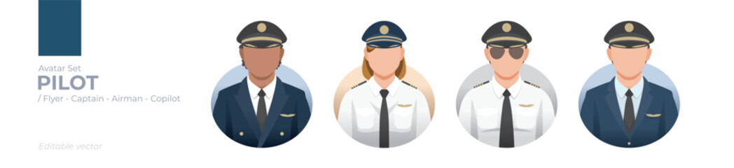 Aviation Avatars Collection: Editable Vector Graphics of Diverse Pilots, Copilots, Captains, and Airmen in Professional Uniforms for Creative Design and Airline Branding Projects