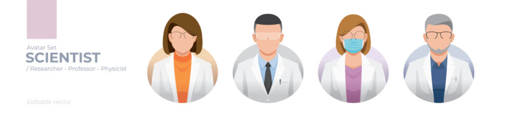 Scientist Avatar Set: Editable Vector Graphics of Diverse Researchers, Chemists, Biologists, and Innovators in Lab Coats and Protective Gear for Education, STEM Projects, and Science Communication Des