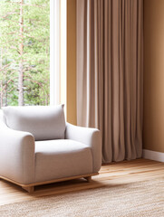 Cozy interior with a modern armchair and natural lighting in a serene setting