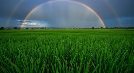 Naklejka premium Double Rainbow over Lush Green Rice Paddy Field. AI Generated