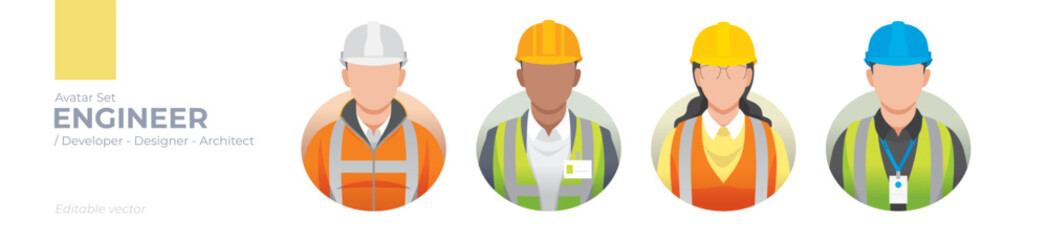 Engineer Avatar Set: Editable Vector Graphics of Diverse Engineers, Designers, and Builders in Safety Gear for Professional Projects in Architecture, Construction, Technology, and Industrial Design