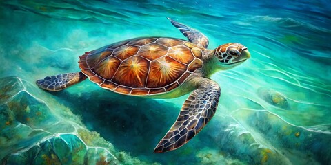 Obraz premium Aerial View of Sea Turtle Watercolor Painting - Drone Photography