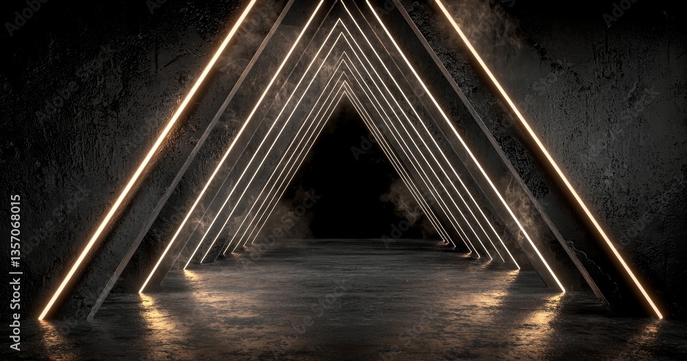 Poster an abstract brown and beige concrete space illuminated by neon lights, presented as a 3d rendering a
